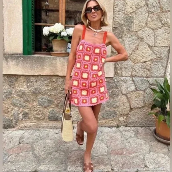 70s Pattern Your Mumu Halter Neck Crochet Dress Zara Dresses Zara Pink  Crochet Dress Tags On
